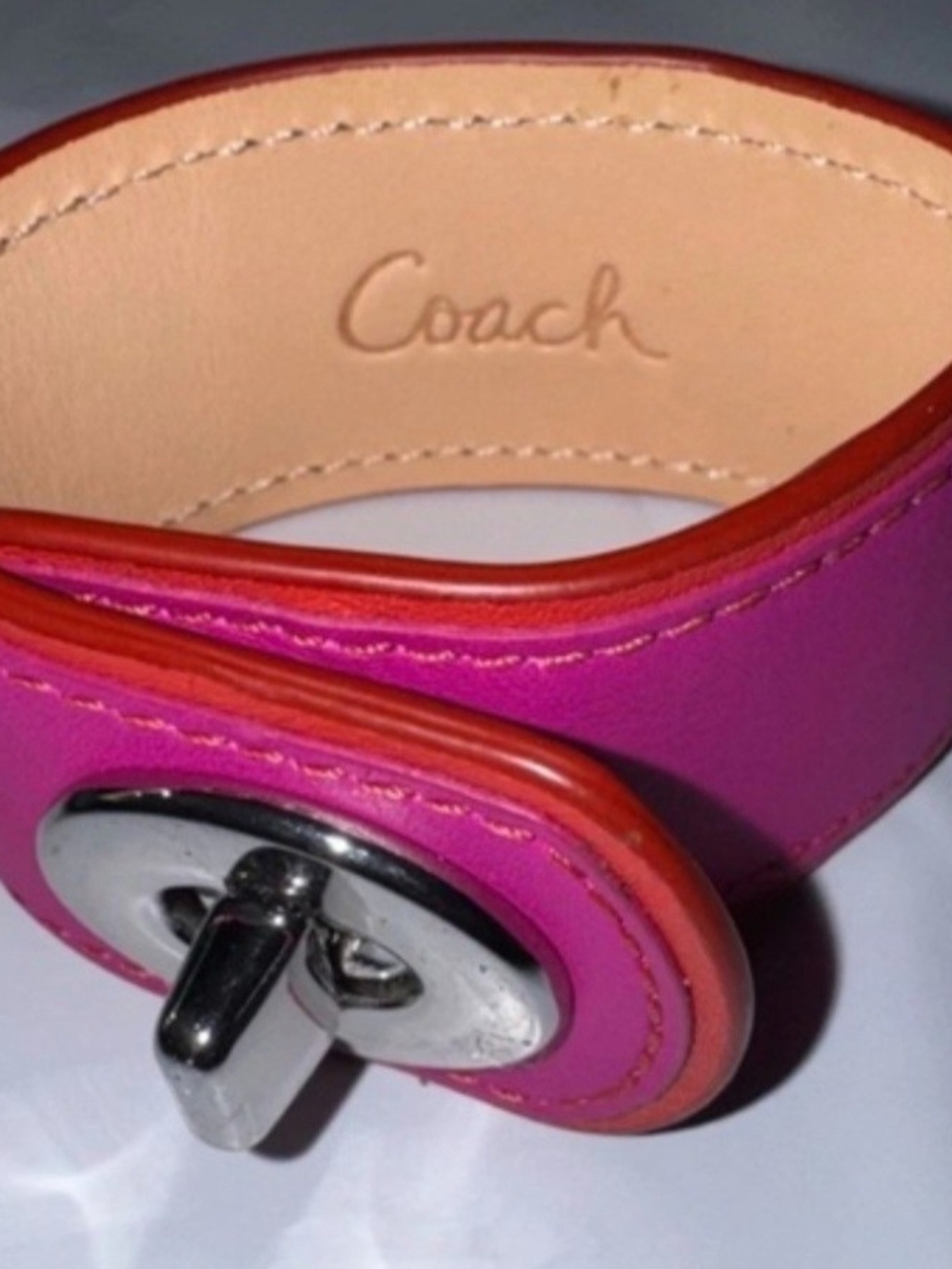 Coach Pink and Red Leather Turnlock Cuff Bracelet